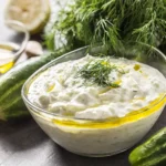 Glasschüssel gefüllt mit Tsatsiki, auf dem Olivenöl schwimmt, garniert mit geschnittenem Dill, im Hintergrund liegen Gurken und Dillzweige