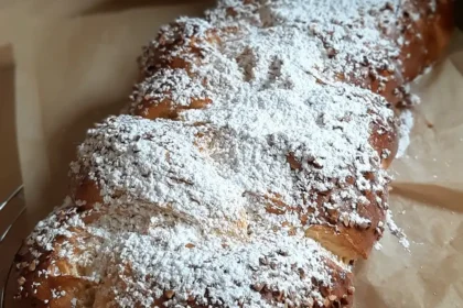 Ein mit viel Puderzucker bestreuter Hefezopf liegt auf eine zerknitterten Backpapier.