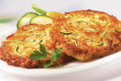 Zwei angebratene Gemüsepuffer auf einem weißen Teller, angerichtet mit Zucchini-Scheiben, garniert mit einem Blatt Petersilie