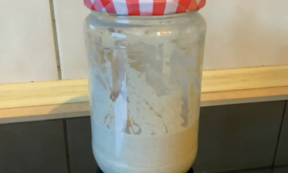 Ein Glas mit frischem Sauerteig-Ansatz steht auf der Arbeitsplatte.